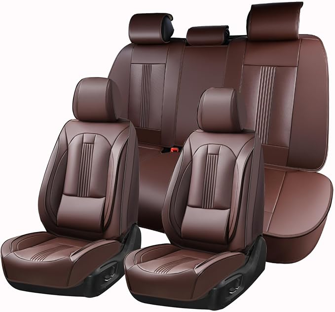 Huidasource Brown Seat Covers, Nappa Leather Car Seat Covers with Lumbar Support, Ventilation Holes, Velcro Adjustable, Airbag, Full-Coverage Seat Covers, Universal Fit for Most Cars SUV Trucks, Brown