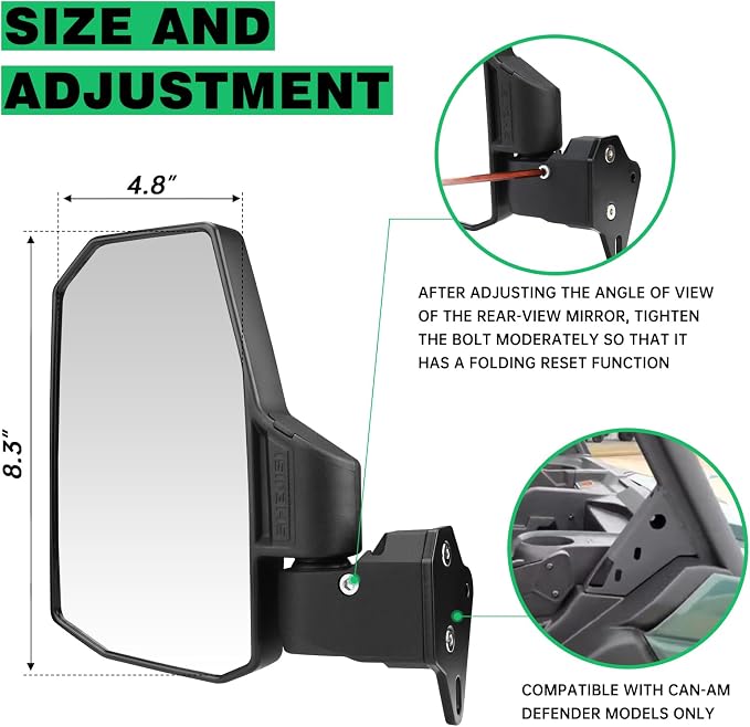 SHEJISI Defender Side Mirrors,The Spring Back Feature Allows Easy Reset After Fold,2024 New UTV Mirrors Compatible with Can Am Defender HD10 HD9 HD8 HD7 HD5,Suitable for No Door,Half Door,Full Door