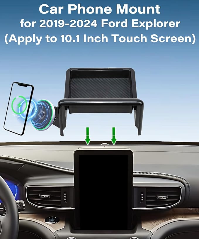 Car Phone Holder for Ford Explorer 2019-2024 Accessories Apply to 10.1 Inch Touch Screen 15W Fast Wireless Charger Screen Fixed Clip Cell Phone Mount with Dashboard Storage Tray