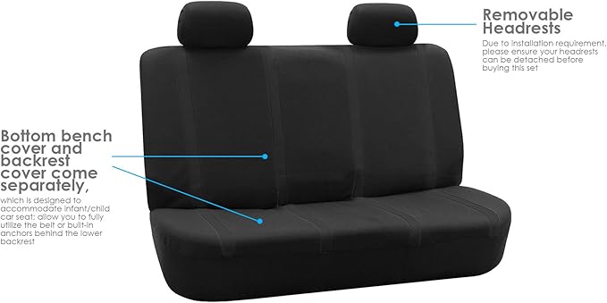 FH Group Automotive Seat Covers Unique Flat Cloth Black Full Set, Combo Steering Wheel Cover and Seat Belt Pads Rear Solid Bench Universal Fit for Vans Cars Trucks and SUV Interior Accessories