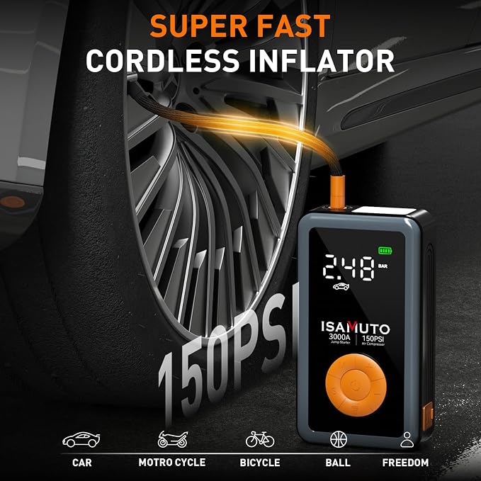Jump Starter with Air Compressor, Portable Car Battery Jump Box with 150PSI Tire Inflator, 3000A Battery Booster for 8L Gas/6L Diesel Engines, 12000mAh Power Bank