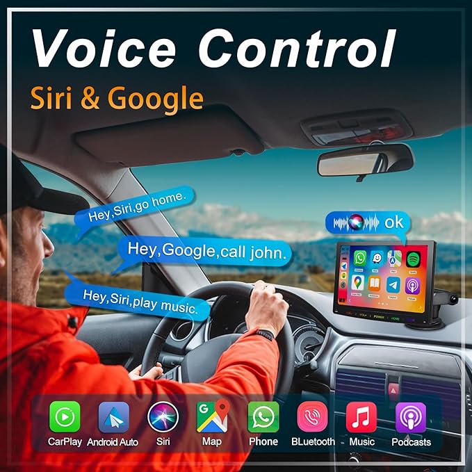 7-Inch Wireless Apple CarPlay & Android Auto Portable Car Screen, Auto Brightness Adjustment, Supports HD Video, with HD Backup Camera
