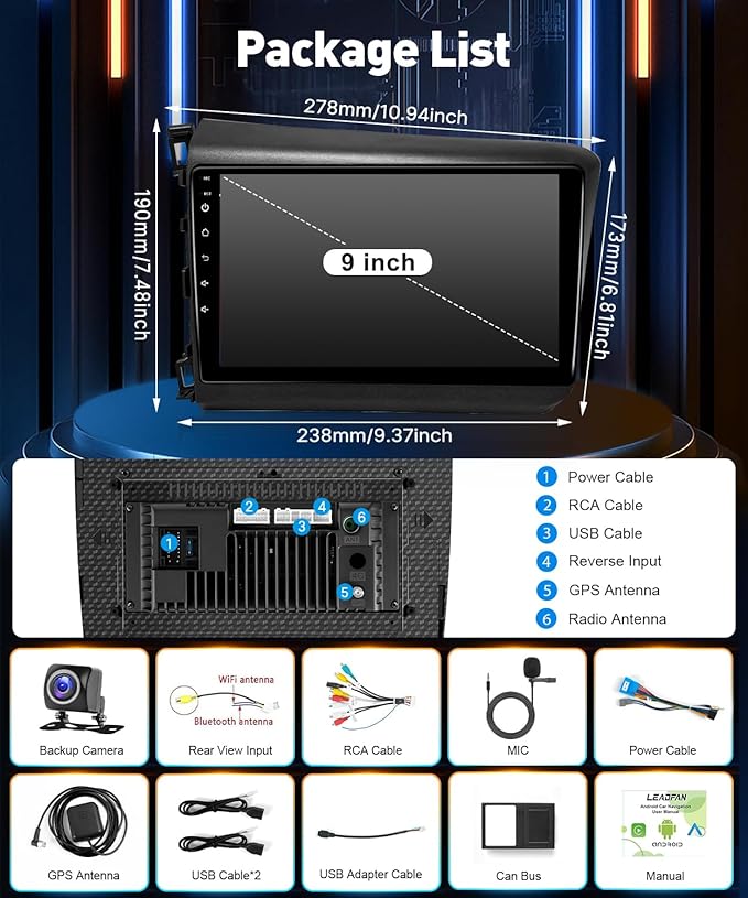 Leadfan Car Stereo Radio for Honda Civic 2012 with Carplay Android Auto, 9Inch Screen for Civic Car Play with GPS Navigation SWC FM Bluetooth Backup Camera (2G+32G for Honda Civic 2012)