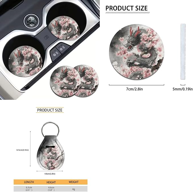Xoenoiee Cool Dragon Cherry Blossom Print Car Seat Covers and Accessories, Front Rear Seat Covers, Steering Wheel Cover, Seat Belt Pads, Coasters, Keychains for Car SUV Decor, 11 PCS Set