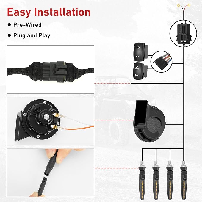 SUNPIE UTV Turn Signal Kit with Horn, Bright Amber UTV Blinker with Two Rocker Switch ATV Street Legal Kit for Polaris, Teryx, CFMOTO and Can-am, Kawasaki Pioneer, Plug and Play