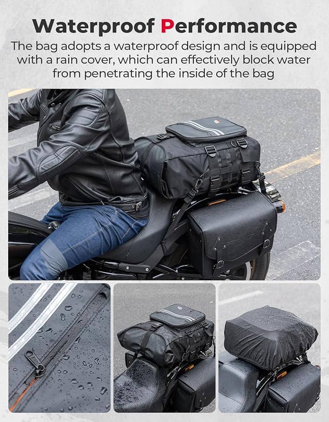 KEMIMOTO Motorcycle Sissy Bar Bag 30L Motorcycle Tail Travel Luggage Bag with Waterproof Rain Cover for Trip Camping Outdoor Motorbike with 4 Straps 1 Shoulder Strap