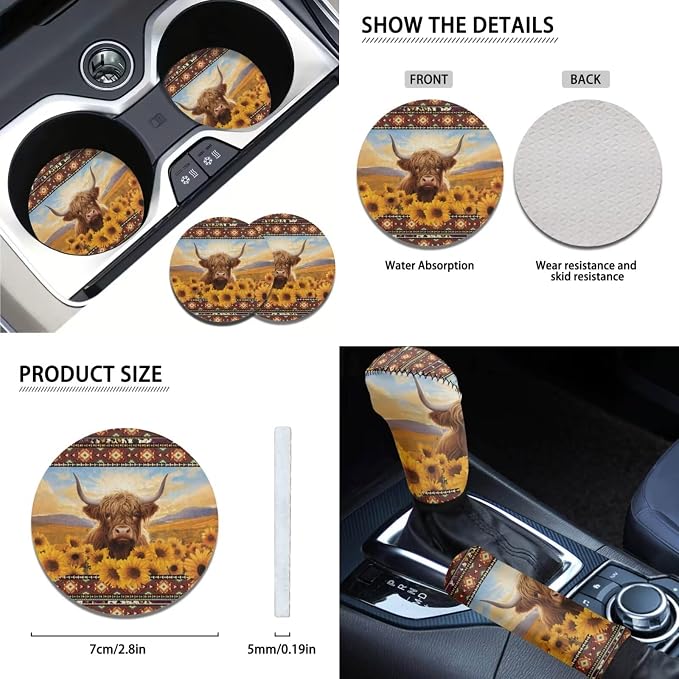 Highland Cow Car Seat Covers Full Set of 11 Aztec Sunflower Car Accessories with Steering Wheel Cover/Seatbelt Pad/Coasters/Shift Knob Handbrake Cover, Universal Front Rear Seat Cushion Cover