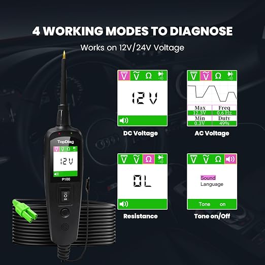 Topdiag P100 Automotive Power Circuit Probe Tester, 12 24V Electrical Short/Open Breaker Finder, AC DC Diode Resistance Relay Tester, Continuity Test Digital Multimeter/Ohmmeters, 20 + 20FT Cable