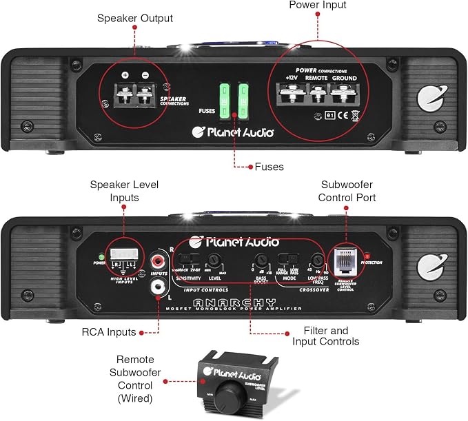 Planet Audio AC2500.1M Monoblock Car Amplifier - 2500 Watts Max Power, 2/4 Ohm Stable, Class A/B, Mosfet Power Supply, Remote Subwoofer Control