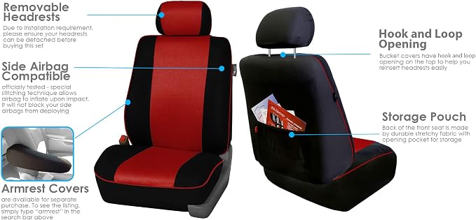 FH Group Car Seat Covers Three Row 7 Seater Cloth Car Seat Covers with Piping (Airbag and Split Ready) - Universal Fit for Cars Trucks & SUVs Red/Black