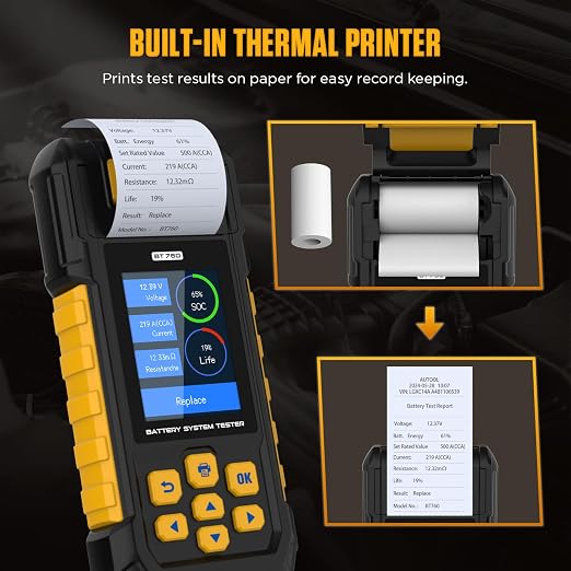 AUTOOL BT760 Automotive Battery Tester with Thermal Printer – 12V/24V Car & Motorcycle Battery Checker, Cranking & Charging Test, Reverse Polarity Protection, HD Color Display