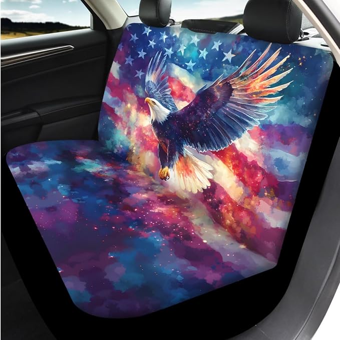 Bulopur American Flag Bald Eagle Auto Seat Covers with Matching Automotive Armrest Cover Center Console Cushion Car Seat Belt Shoulder Strap Covers Keychain Vehicle Interior Decor Set