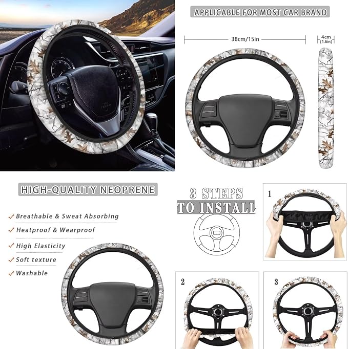 Howilath White Camo Hunting Forest Car Seat Cover Set of 13 with Steering Wheel Covers+Seat Belt Cover Pad+Keychains+Cup Coasters Universal Fit Auto Accessories