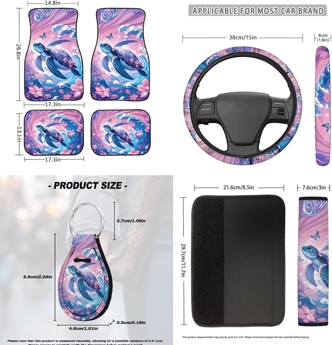 18 Pcs Pink Turtle Car Seat Covers Full Set for Women, Auto Interior Accessories with Steering Wheel Cover Floor Mats Armrest Cover Seat Belt Pads Roof Handle Wraps Cup Coaster Keychain