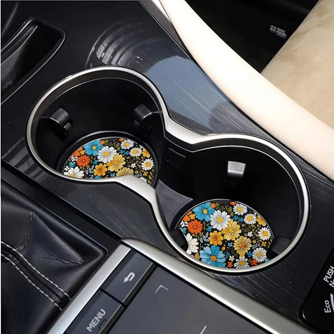 BIGCARJOB Hippie Daisy Print Car Seat Cover Set 15 Pcs Art Blossom Daisy Car Seat Interior Accessories Full Set with Seat Belt Pads,Car Seat Head Rest Protective Cover,Auto Garbage Bag