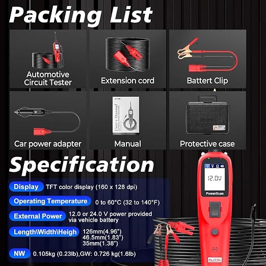 Autel PowerScan PS100 Power Circuit Probe Tester, Breaker Finder, 12V 24V Automotive Electrical Diagnostic Tool with 20ft Extension Cable, AVOmeter, Test Light, Continuity Checker, for 99% Cars