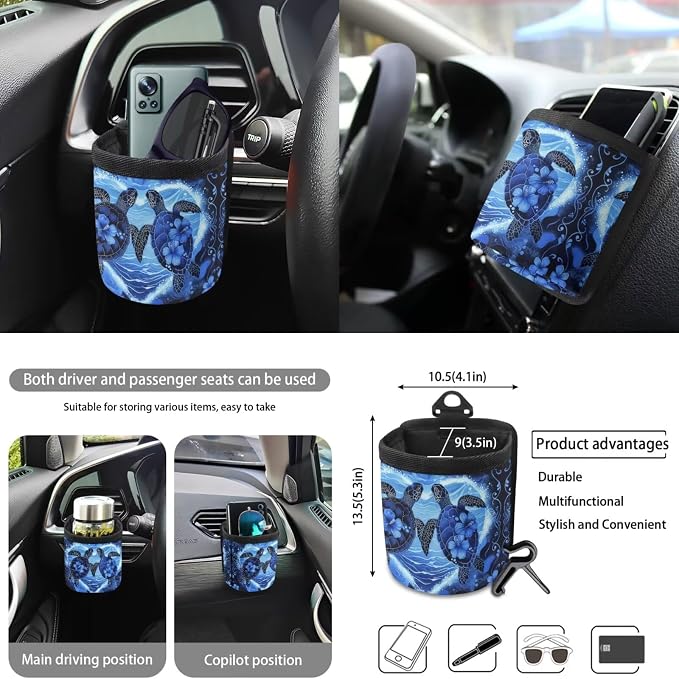 Turtle Hibiscus Print 10 Pack Car Accessories, Car Seat Covers Full Set Steering Wheel Cover Air Vent Storage Bag Auto Rubbish Can Keychain Cup Coasters Universal Fit for SUV Truck Van