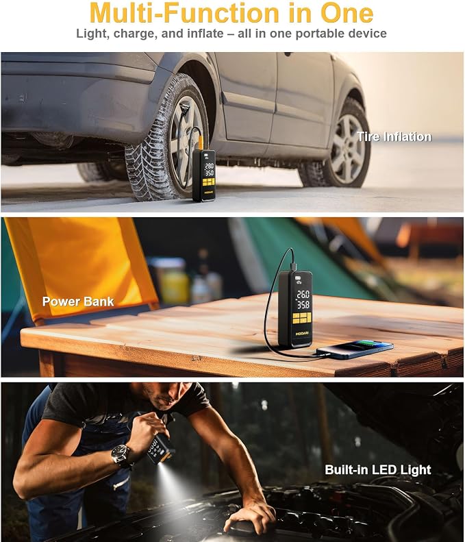 MODARI Tire Inflator Portable Air Compressor - 160 PSI Portable Tire Inflator for Car, Auto Shut-Off, Cordless Tire Inflators with Gauge for Car, Pickup, Bike and More, Black