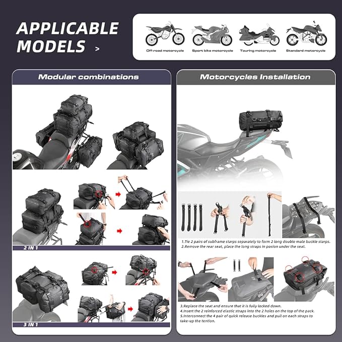 Rhinowalk Motorcycle Tail Bag Motorbike Side Bag 15L Full Waterproof Motor Saddle Pannier Bag Rear Rack Trunk Professional Motor Accessories-Black