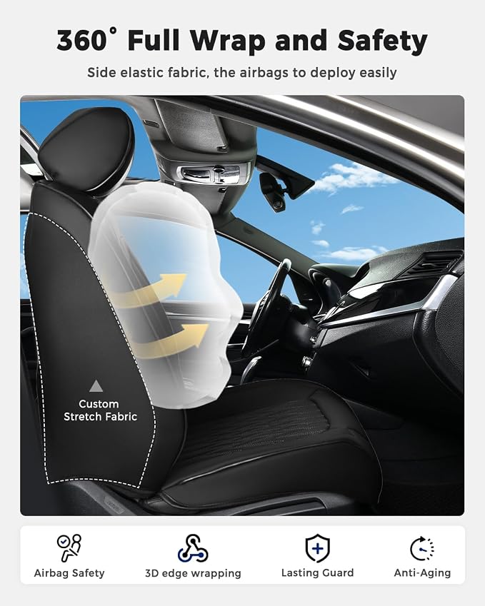 Huidasource Black & Blue Car Seat Covers, Waterproof Faux Leather Universal Fit Most Cars Sedans SUVs Trucks Airbag Compatible, Cup Holder Access, Car Seat Compatible, Easy Install, Wipes Clean