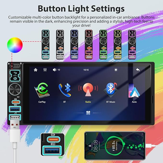 6.8" CarPlay & Android Auto Single Din Car Stereo HD Touch Screen FM Audio Receiver with Bluetooth Handsfree Mirror Link Voice Control Backup Camera/Steering Wheel Control/USB/TF/AUX/MIC