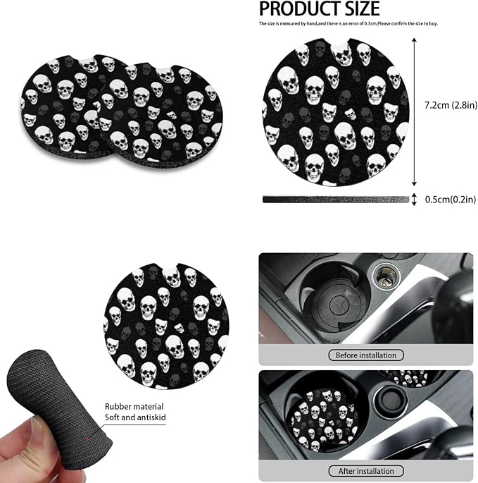 Howilath Black Skull Car Front Seat Cover Set of 10 with Front Seat Cover Split/Keychain/Seatbelt Pads/Steering Wheel Cover/Armrest Cushion/Coasters Fit Sedan Truck Van