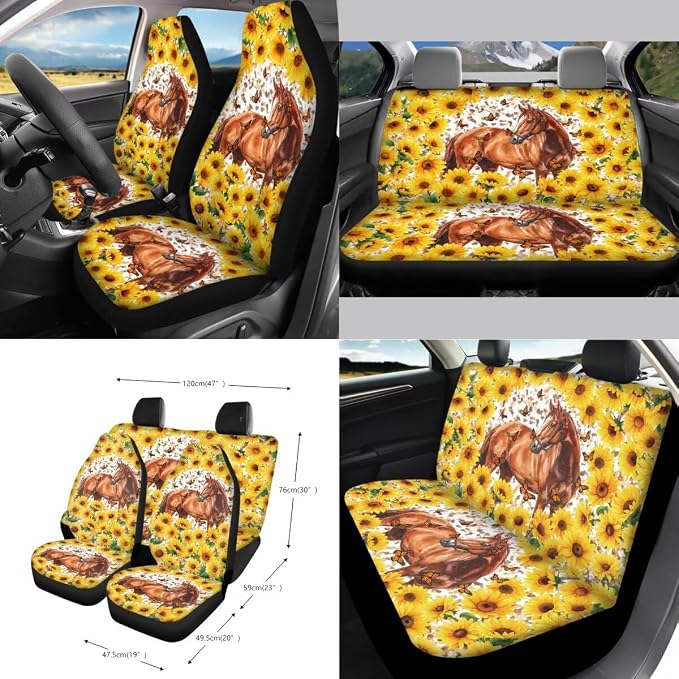 Horse Sunflower Butterfly Print 15 PCS Car Front Back Seat Covers Full Set, Steering Wheel Cover Trash Bag Seatbelt Strap Pad Air Vent Storage Bag Rearview Mirror Cover Coasters Key Chain