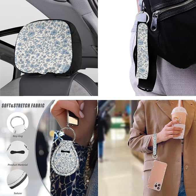 Blue Flower 13 PCS Car Seat Cover Classical Rural Blue Flower Set Seatbelt Pad Armrest Cushion Keychain Cup Holder Coaster Decor Hand Drawn Floral Accessory Fit Trucks SUV