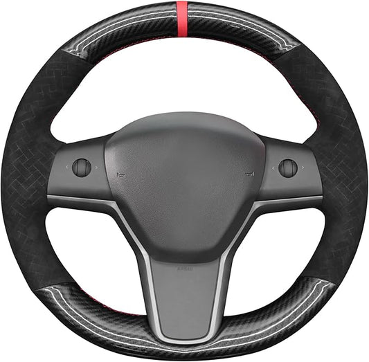 MEWANT DIY Shiny PU Carbon Fiber Woven Embossed Athsuede Steering Wheel Cover for Tesla Model Y 2023 Model 3 2017-2023