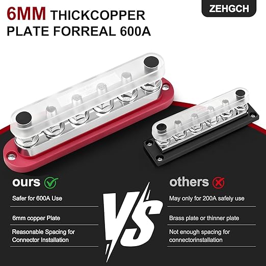 600A Bus Bar 12V Power Distribution Block with 3/8" Studs,Marine Battery Bus Bar Terminal Block Positive & Negative for Automotive Car Boat Solar System (600A 6 x 3/8" Terminal Studs)