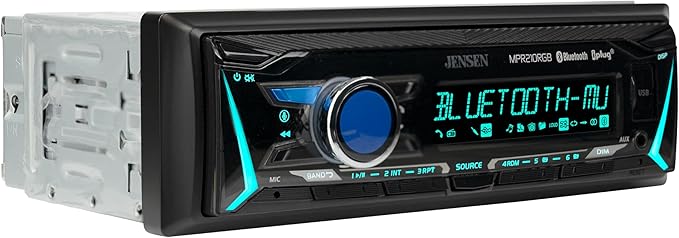 JENSEN MPR210RGB | 12-Character LCD Single DIN Car Stereo | RGB Custom Colors | Bluetooth Hands Free Calling & Music Streaming | Push to Talk Assistant | AM/FM Radio | USB Playback & Charging