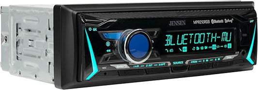 JENSEN MPR210RGB | 12-Character LCD Single DIN Car Stereo | RGB Custom Colors | Bluetooth Hands Free Calling & Music Streaming | Push to Talk Assistant | AM/FM Radio | USB Playback & Charging