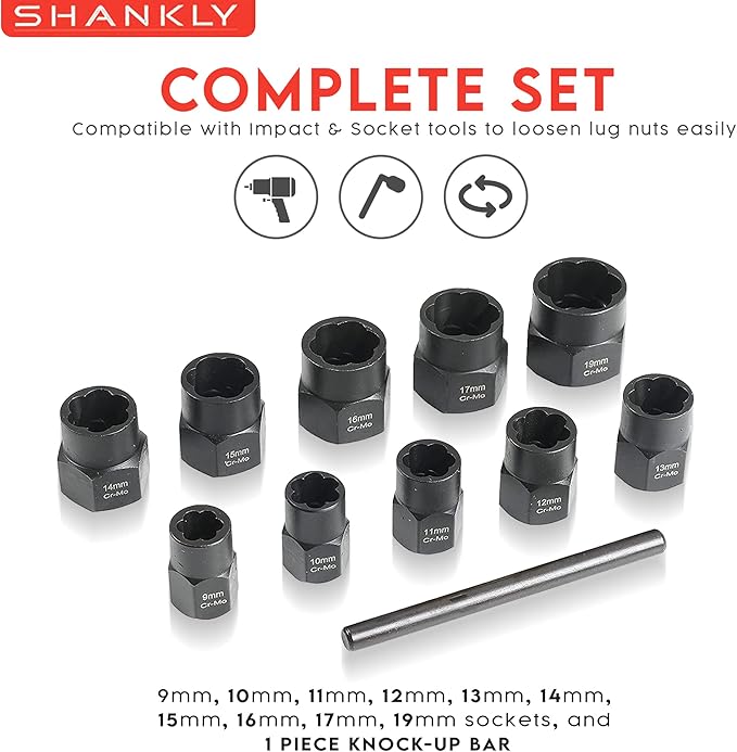 Twist Socket Set (11 Piece) Includes 1/2” Inch Lug Nut Remover With a 10mm, 11mm, 12mm, 13mm, 14mm, 15mm, 16mm, 17mm Socket Sizes Professional-Grade Lug Nut Extractor or Wheel Lock Removal