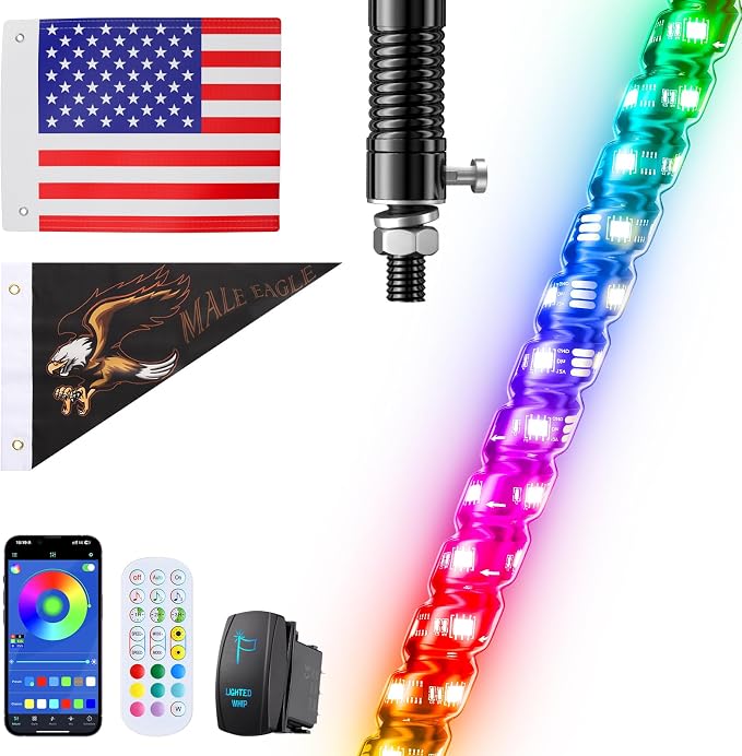 Ehaho 1 PC 2FT Whip Lights with Spring Base, APP & Remote Control Led Whip Lights for Side by Side, Spiral RGB Chasing Lighted Whips with Rocker Switch, Music Led Whips for UTV ATV RZR SXS Can-Am