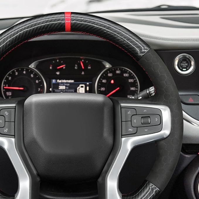 MEWANT DIY Black Shiny PU Carbon Fiber Embossed Suede Steering Wheel Wrap for Chevy Silverado Blazer 1500 Silverado 2500