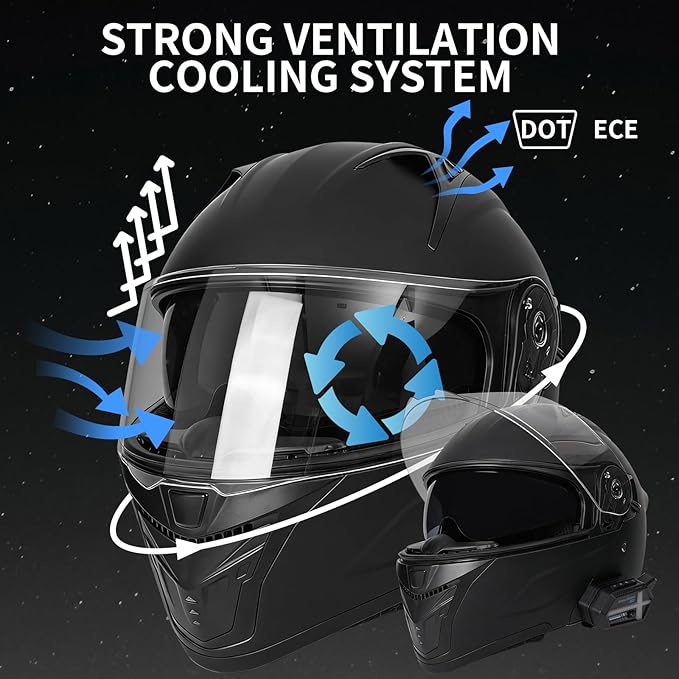 Bluetooth Modular Motorcycle Helmets with Tail Lights, DOT Approved Flip Up Full Face Motorcycle Dual Visor Helmet, with Dual Speakers and Microphone, for Adults Men and Women