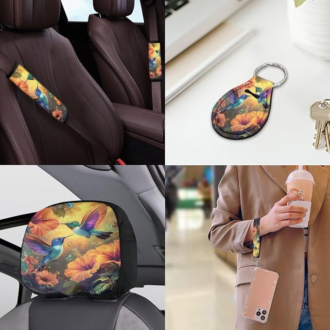 Hummingbird Flower Car Seat Covers Full Set 18 Pcs Hummingbird Print Car Accessories Full Set Steering Wheel Cover Universal Fit Car Headrest Covers Car Seat Belt Pads Cover Keychain