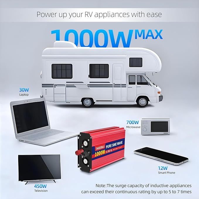 1000W Pure Sine Wave Inverter - 2000W Surge Peak, 24V DC to 110V AC Heavy Duty Power Inverter for RV, Truck, Home, Solar, Off-Grid, Outdoor, Car Converter with Dual AC Outlets and LCD Display