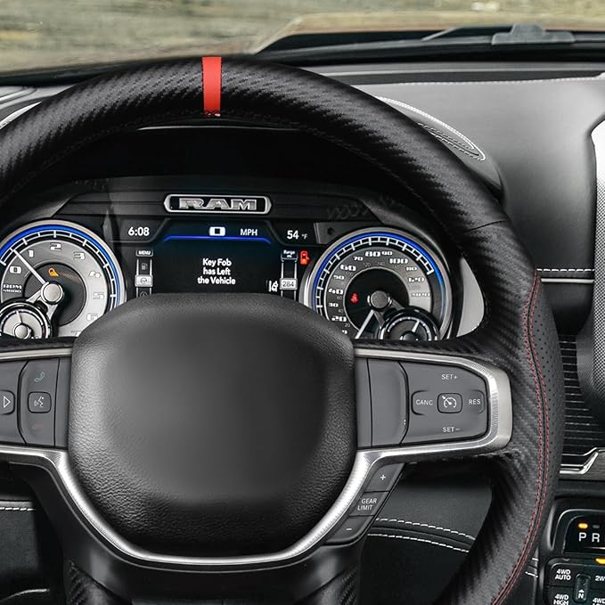 MEWANT Hand-Stitched Steering Wheel Cover Wrap for Dodge Ram 1500 2019-2023 Steering Wheel Accessories for Dodge Ram(Backsides Without Buttons)