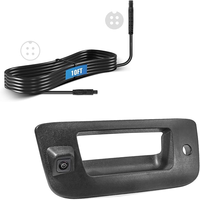 EWAY Tailgate Handle Backup Camera w/10ft 4PIN Extension Cable for 2007-2013 Chevrolet Chevy Silverado GMC Sierra 1500 2500 3500 HD Reverse Back Up Camera Rear Tailgate Latch Handle with Key Hole