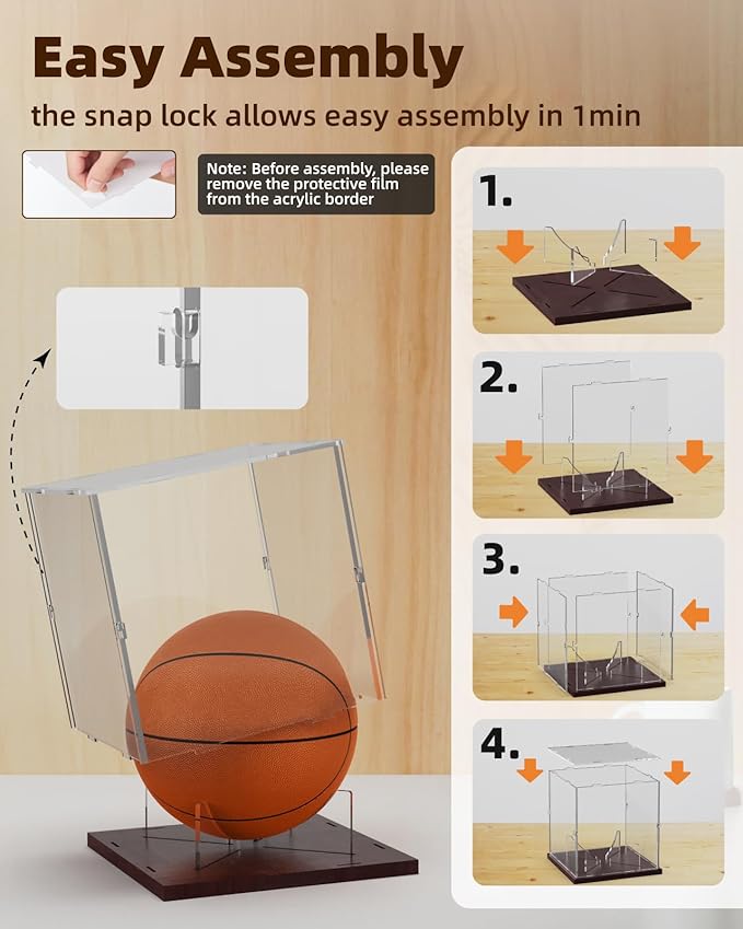 Fitense Basketball Display Case Acrylic Clear, UV Protected Basketball Stand Box Full Size with Solid Wood Base, Soccer Display for Autographed Standard NBA WNBA Ball Memorabilia Keepsake, Ideal Gift