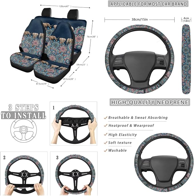 Suobstales Boho Mandala Elephant Print Car Accessories Auto Seat Covers Full Set of 13 with Steering Wheel Cover, Seat Belt Pads, Trash Can, Coaster, Rearview Mirror Cover, Keychains for SUV Van