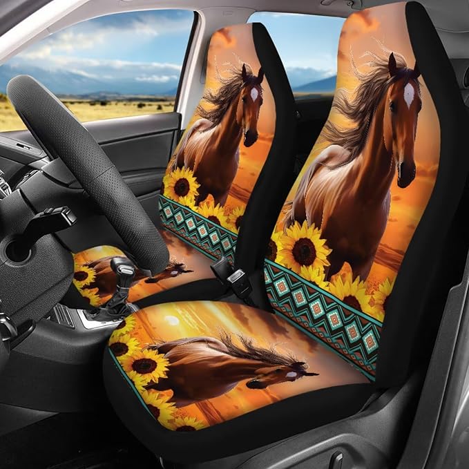 Animal Horse Car Seat Covers Full Set of 17 Pcs Sunflower Car Floor Mats Set of 4 Horse Automotive Accessories with Steering Wheel Cover Seat Belt Cover Pad Car Armrest Pad,Universal Fit