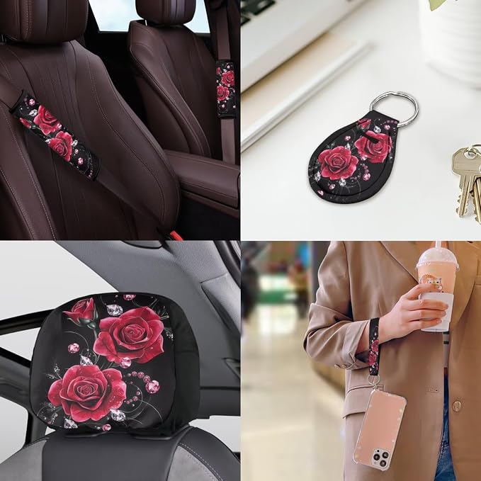 18 Pieces Car Seat Covers Full Sets Red Rose Car Accessories Set with Red Rose Steering Wheel Cover Auto Trash Can for Women Car Headrest Covers Belt Pads Cover Romantic Auto Armrest Pad