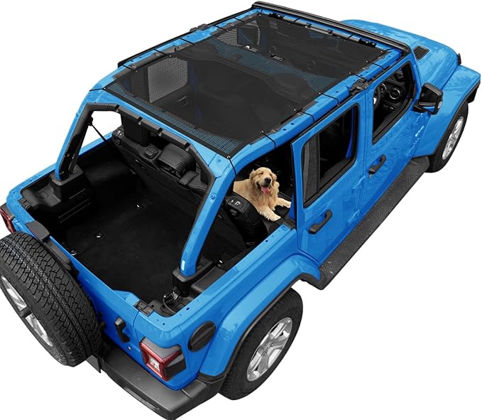 JL Top Sun Shade Roof Compatible with Jeep Wrangler 2 or 4 Door 2018 to 2023 Sunshade Sunroof Cover Blocks UV Wind Noise Black Mesh for Full Length