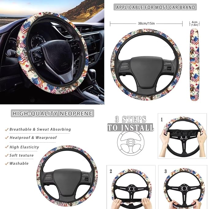 Wanyint Kentucky Horse Racing Car Seat Cover Full Set 12 PCS, with Steering Wheel Seat Belt Cover Armrest Pad Coasters Handbrake Gear Shift Knob Set Auto Accessories Decor, American Flag Horse Beige