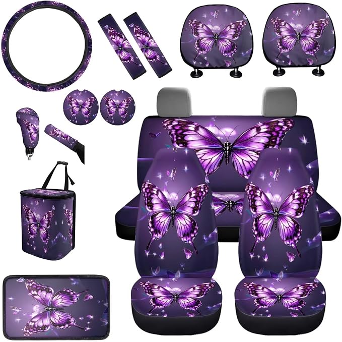 BIGCARJOB Purple Butterfly Car Seat Cover Full Set 15 Pieces Butterfly Print Car Interior Accessories Set with Universal Steering Wheel Cover Car Trash Can Hanging Seat Headrest Covers for Womens