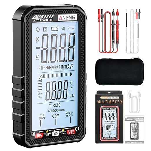 Digital Multimeter Tester, Smart Digital Multimeter 6000 Counts with Auto Ranging Digital Voltmeter Measures Voltage Current Resistance Continuity for Electricians,DIY (620C Black)