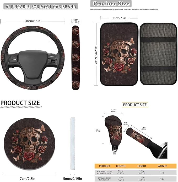 Lotusorchid Skull Print Car Seat Covers Full Set, Rose Butterfly Printed Car Front Back Seat Covers Headrest Cover, Non-Slip Gear Shift Knob Protector Steering Wheel Cover Set of 16
