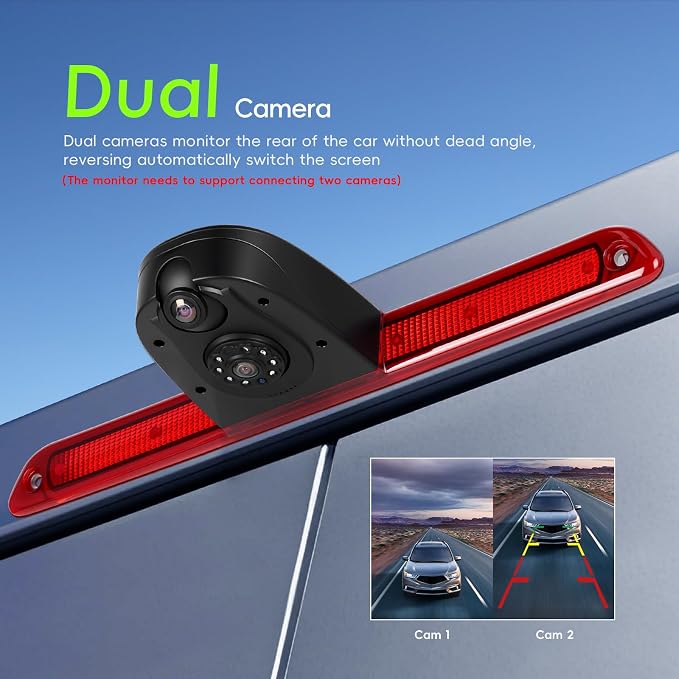 Dual Back Up Rear View Camera for 2007-2019 Mercedes Benz Sprinter Van Parking Assist Reverse Camera AHD/CVBS Night Vision Wide Angle Waterproof Brake Light Roof Mount Cam